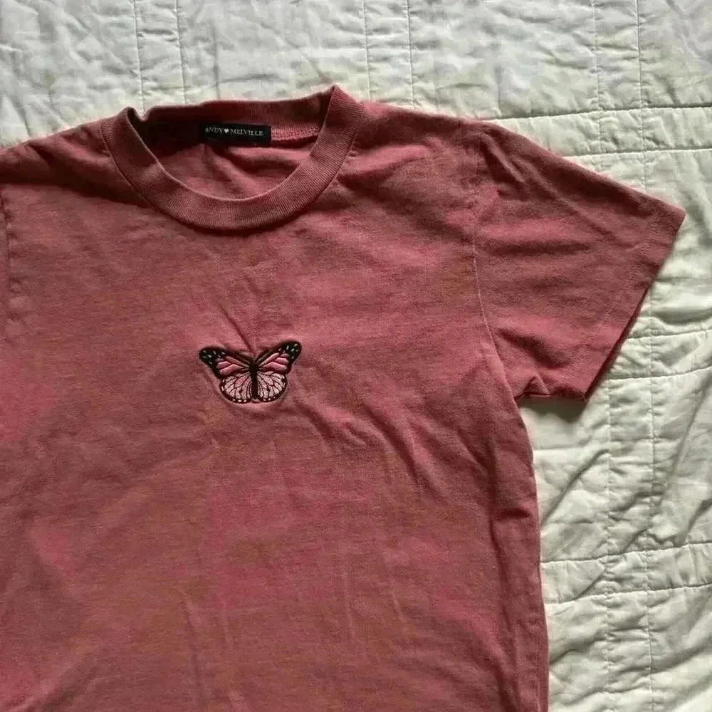 Pink butterfly baby tee brandy Melville womens sz small cotton shirt boho fairy - Picture 3 of 8